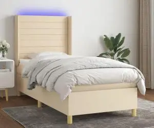 vidaXL Pat cu arcuri, saltea și LED, crem, 100x200 cm, textil