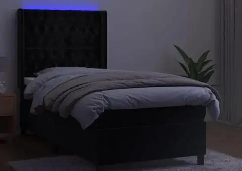 Pat cu arcuri, saltea și LED, negru, 90x190 cm, catifea - 3/5