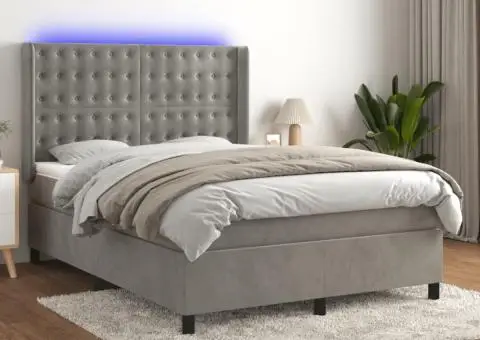 Pat cu arcuri, saltea și LED, gri deschis, 140x200 cm, catifea - 1/5
