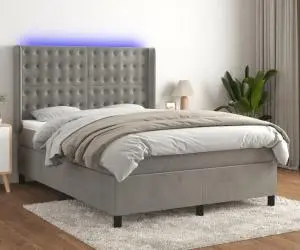 vidaXL Pat cu arcuri, saltea și LED, gri deschis, 140x200 cm, catifea