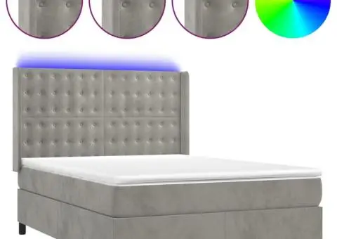 Pat cu arcuri, saltea și LED, gri deschis, 140x200 cm, catifea - 2/5