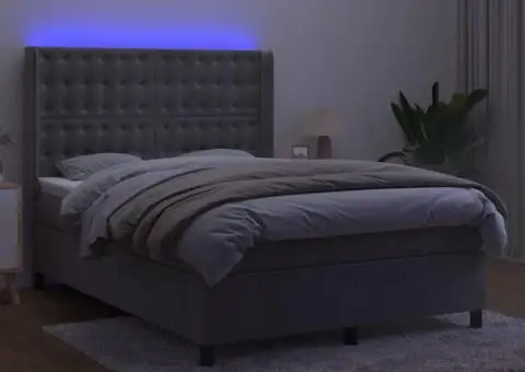 Pat cu arcuri, saltea și LED, gri deschis, 140x200 cm, catifea - 3/5