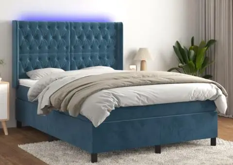 Pat cu arcuri, saltea și LED, bleumarin, 140x190 cm, catifea - 1/5