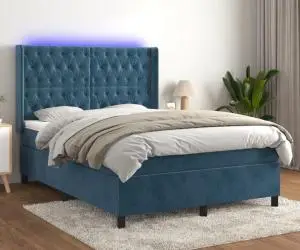 vidaXL Pat cu arcuri, saltea și LED, bleumarin, 140x190 cm, catifea