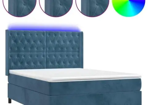 Pat cu arcuri, saltea și LED, bleumarin, 140x190 cm, catifea - 2/5