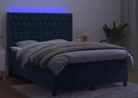 Pat cu arcuri, saltea și LED, bleumarin, 140x190 cm, catifea - 3/5