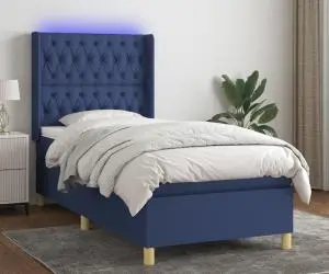 vidaXL Pat cu arcuri, saltea și LED, albastru, 90x200 cm, textil