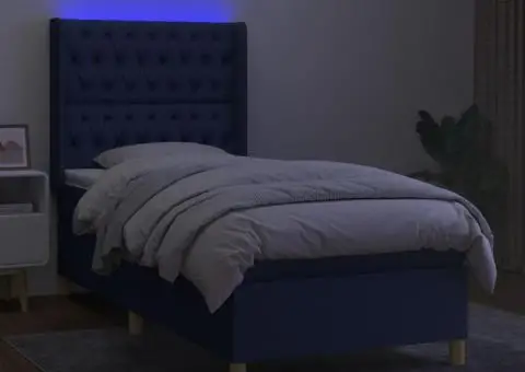 Pat cu arcuri, saltea și LED, albastru, 90x200 cm, textil - 3/5