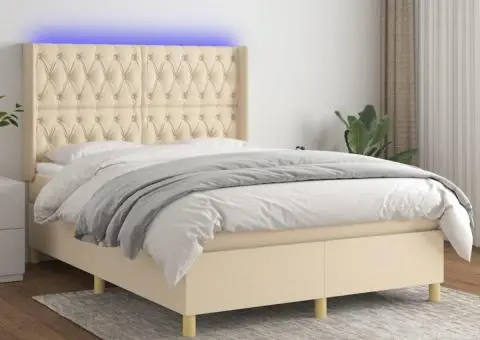 Pat cu arcuri, saltea și LED, crem, 140x190 cm, textil - 1/5