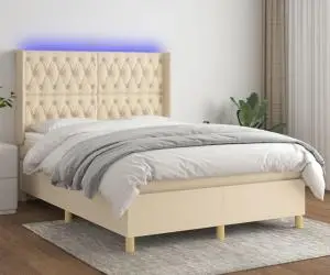vidaXL Pat cu arcuri, saltea și LED, crem, 140x190 cm, textil