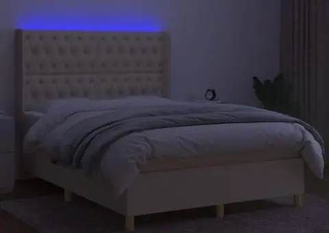 Pat cu arcuri, saltea și LED, crem, 140x190 cm, textil - 3/5