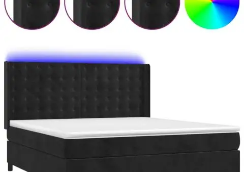 Pat cu arcuri, saltea și LED, negru, 160x200 cm, catifea - 2/5