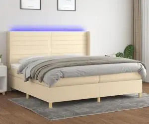 vidaXL Pat cu arcuri, saltea și LED, crem, 200x200 cm, textil