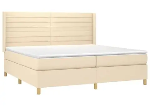 Pat cu arcuri, saltea și LED, crem, 200x200 cm, textil - 4/5