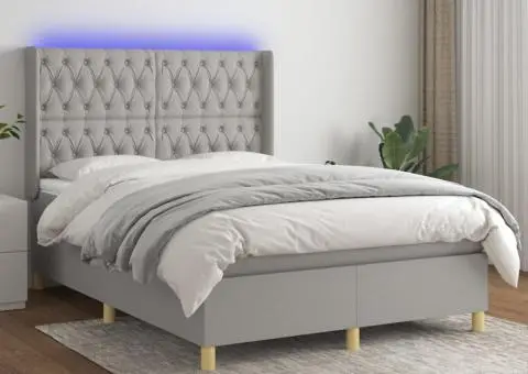 Pat cu arcuri, saltea și LED, gri deschis, 140x190 cm, textil - 1/5