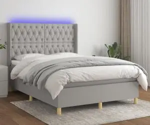 vidaXL Pat cu arcuri, saltea și LED, gri deschis, 140x190 cm, textil