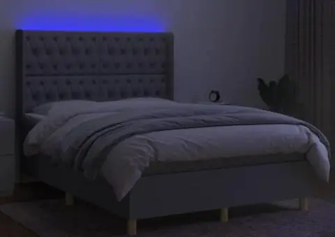 Pat cu arcuri, saltea și LED, gri deschis, 140x190 cm, textil - 3/5