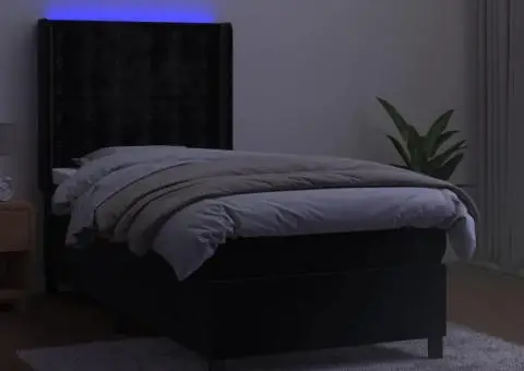 Pat cu arcuri, saltea și LED, negru, 90x200 cm, catifea - 3/5
