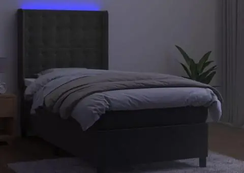 Pat cu arcuri, saltea și LED, gri închis, 100x200 cm, catifea - 3/5