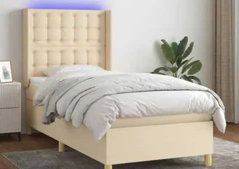 Pat cu arcuri, saltea și LED, crem, 80x200 cm, textil - 1/5