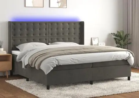 Pat cu arcuri, saltea și LED, gri închis, 200x200 cm, catifea - 1/5