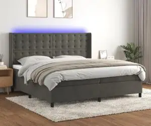 vidaXL Pat cu arcuri, saltea și LED, gri închis, 200x200 cm, catifea