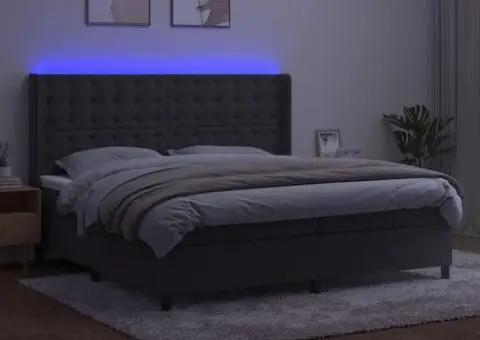 Pat cu arcuri, saltea și LED, gri închis, 200x200 cm, catifea - 3/5