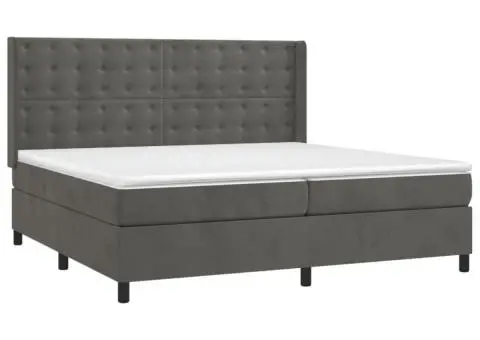 Pat cu arcuri, saltea și LED, gri închis, 200x200 cm, catifea - 4/5