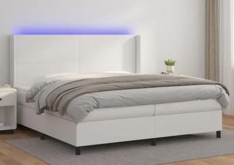 Pat cu arcuri, cu saltea și LED, alb, 200x200 cm, piele eco - 1/5