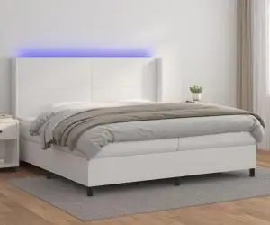 vidaXL Pat cu arcuri, cu saltea și LED, alb, 200x200 cm, piele eco