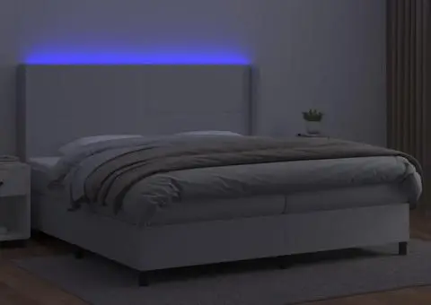 Pat cu arcuri, cu saltea și LED, alb, 200x200 cm, piele eco - 3/5