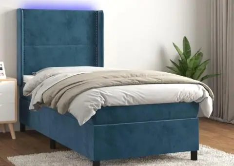 Pat cu arcuri, saltea și LED, bleumarin, 90x200 cm, catifea - 1/5
