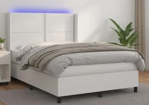 Pat box spring cu saltea, alb, 140x190 cm, piele ecologică - 1/5