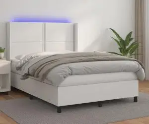 vidaXL Pat box spring cu saltea, alb, 140x190 cm, piele ecologică