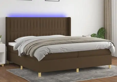 Pat cu arcuri, saltea și LED, maro închis, 200x200 cm, textil - 1/5