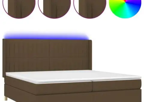 Pat cu arcuri, saltea și LED, maro închis, 200x200 cm, textil - 2/5