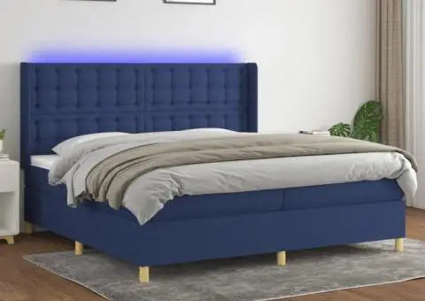 Pat cu arcuri, saltea și LED, albastru, 200x200 cm, textil - 1/5