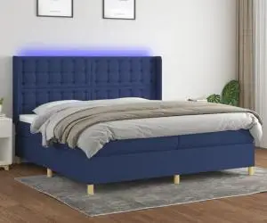 vidaXL Pat cu arcuri, saltea și LED, albastru, 200x200 cm, textil
