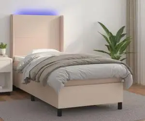 vidaXL Pat box spring cu saltea, cappuccino, 100x200cm piele ecologică