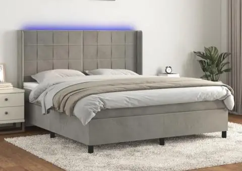 Pat cu arcuri, saltea și LED, gri deschis, 180x200 cm, catifea - 1/5