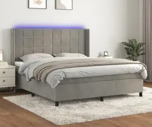vidaXL Pat cu arcuri, saltea și LED, gri deschis, 180x200 cm, catifea