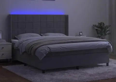 Pat cu arcuri, saltea și LED, gri deschis, 180x200 cm, catifea - 3/5