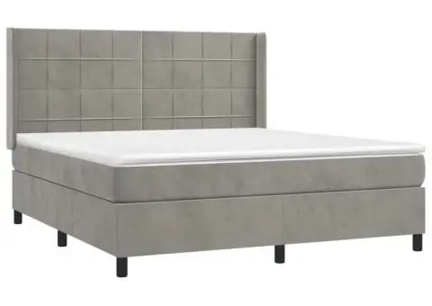 Pat cu arcuri, saltea și LED, gri deschis, 180x200 cm, catifea - 4/5