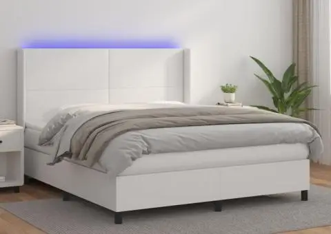 Pat cu arcuri, cu saltea și LED, alb, 180x200 cm, piele eco - 1/5