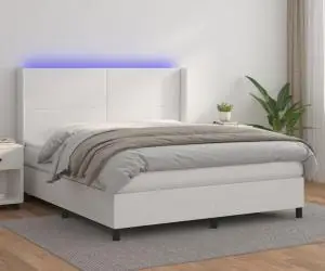 vidaXL Pat cu arcuri, cu saltea și LED, alb, 180x200 cm, piele eco