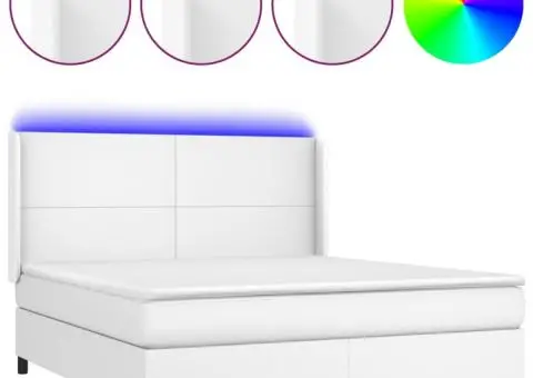 Pat cu arcuri, cu saltea și LED, alb, 180x200 cm, piele eco - 2/5