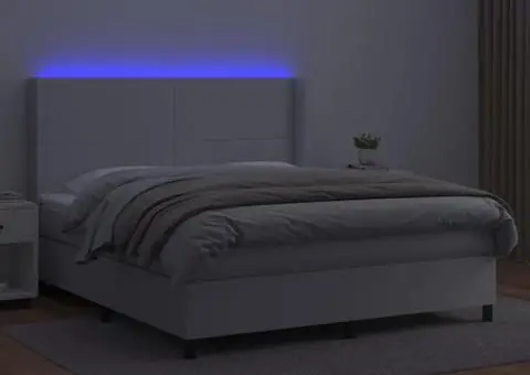 Pat cu arcuri, cu saltea și LED, alb, 180x200 cm, piele eco - 3/5