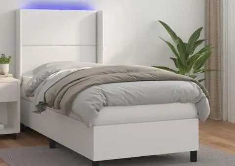 Pat cu arcuri, cu saltea și LED, alb, 100x200 cm, piele eco - 1/5