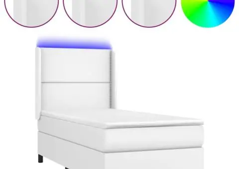 Pat cu arcuri, cu saltea și LED, alb, 100x200 cm, piele eco - 2/5