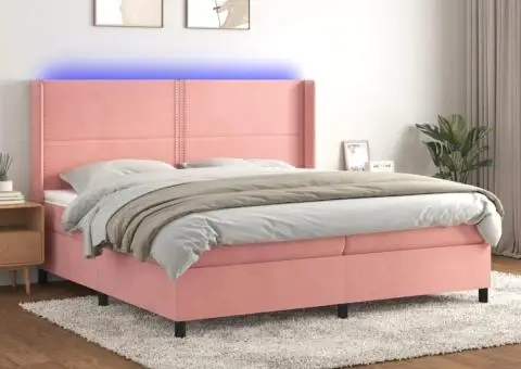 Pat continental cu saltea & LED, roz, 200x200 cm, catifea - 1/5